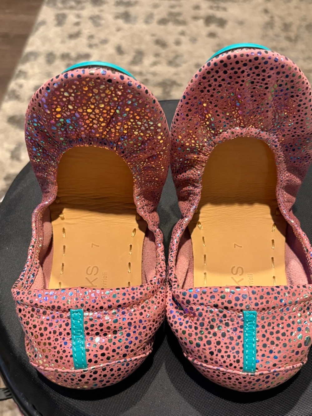 Tieks Pink Holographic Speckled Ballet Flats with Teal Trim